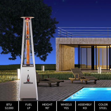 LEIDEN Pro KD Patio Outdoor Pyramid Heater Stainless Steel 56000 BTU Propane W/ Wheels Commercial & Residential Use