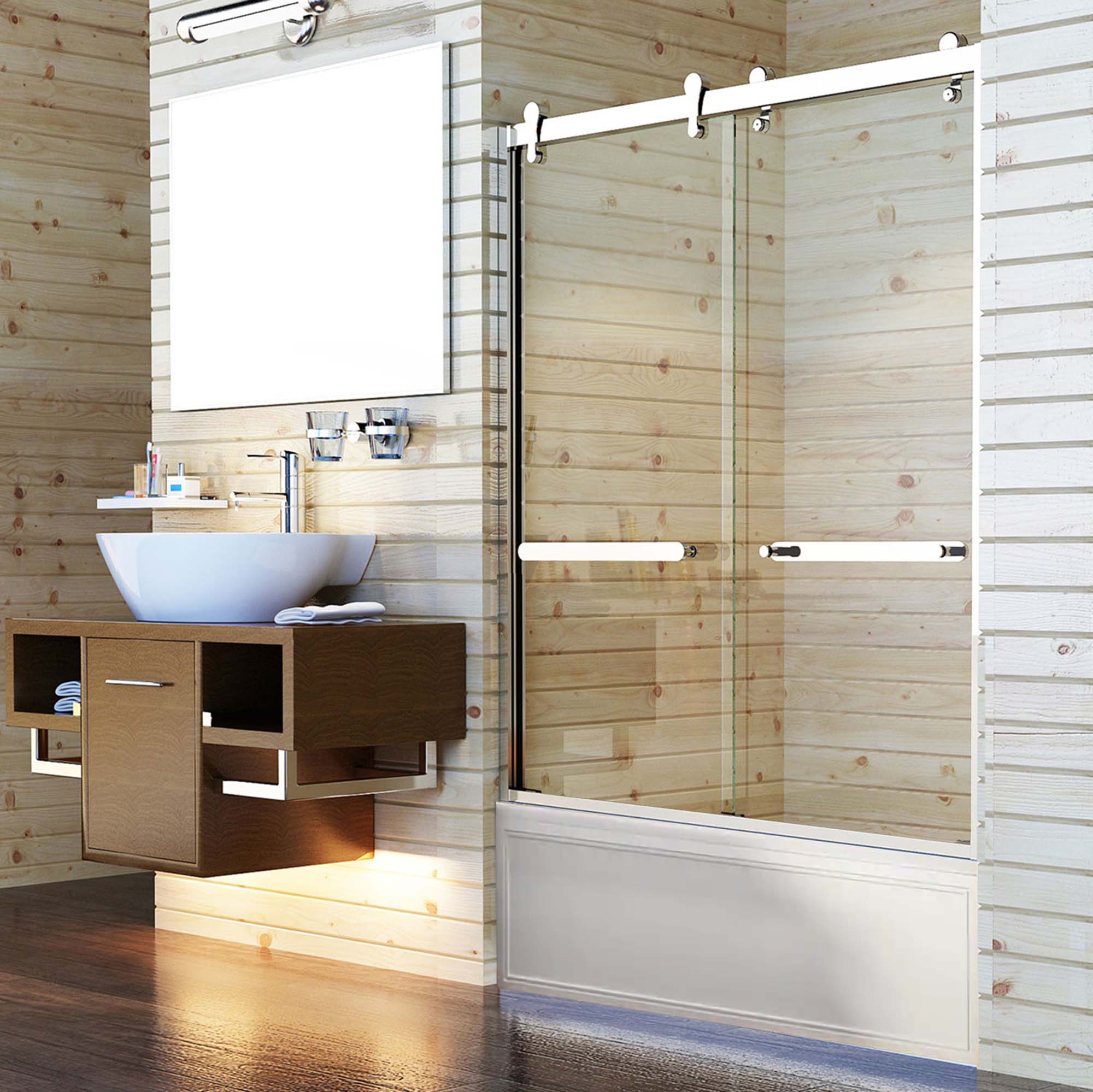 Barn Bathtub Sliding Shower Door 8mm Transparent tempered Glass 4 wheel Semi-Frameless in Chrome